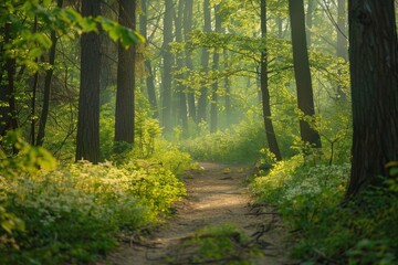 Fototapeta premium Spring forest vegetation sunlight outdoors.