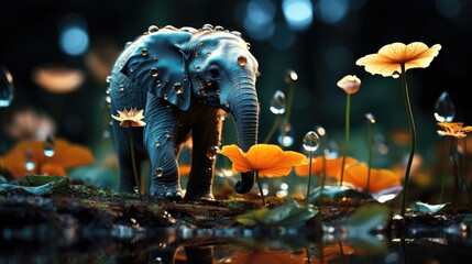 a image tiny elephant balancing on the tip of a bright orange flower, AI Generative - obrazy, fototapety, plakaty