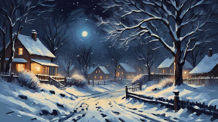 Tee shirt design Snowy midnight scene in winter. impressionist style - obrazy, fototapety, plakaty