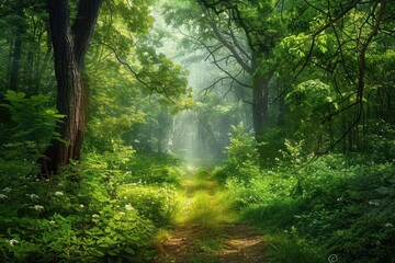 Fototapeta na wymiar Summer forest vegetation landscape sunlight.