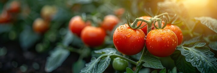 Tomatoes swaying from high branches in the farm's greenhouse