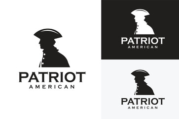 Classic American Patriot Silhouette Facing. United States Revolutionary War Army Soldier Vintage Illustration Design on black white background