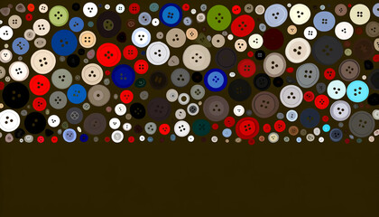 pattern of various buttons on a dark khaki background, copy space - obrazy, fototapety, plakaty