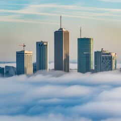 Several skyscrapers stand out above the fog that covers a large city