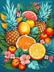 a collection of tropical fruits, such as pineapples, bananas, and coconuts, intertwined with lush leaves and vibrant colors, AI Generative