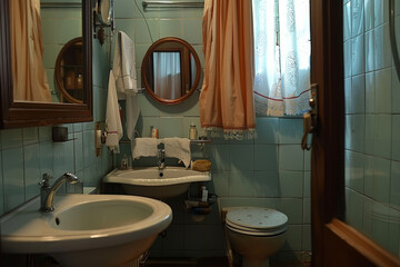 Old fashioned small retro vintage bathroom 60th style.