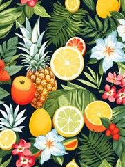an image collection of tropical fruits, such as pineapples, bananas, and coconuts, intertwined with lush leaves and vibrant colors, AI Generative
