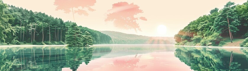 Reflections on a calm lake, trees mirroring in water, perfect tranquility  72 - obrazy, fototapety, plakaty