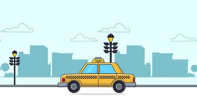 4K Yellow Taxi Car on City. Taxi Service Concept Animation Video
