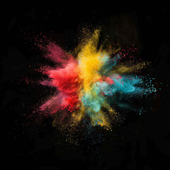 Colorful powder splashing captured from a bird's-eye perspective against a dark backdrop.