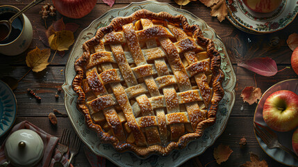A pie with a lattice crust sits on a wooden table. The table is covered with plates, cups, forks, and spoons. There are also apples on the table. The pie is the main focus of the image - Powered by Adobe