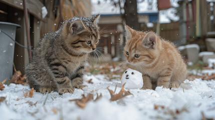 Cute and adorable kittens happily building a snowman on a winter day, enjoying playful antics in the snow. Realistic illustration captures the joy of feline in a snowy setting.