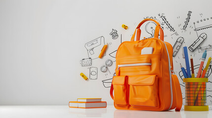 3D depiction of an orange school bag with learning tools on a white setting. back to school or educational theme concept with copy space - obrazy, fototapety, plakaty