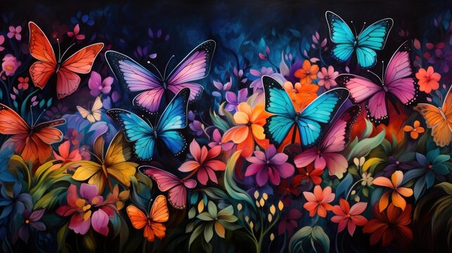 A photo vibrant and colorful watercolor artwork showcasing a variety of exotic butterflies in a lush tropical garden, AI Generative