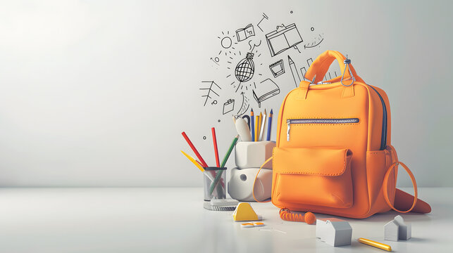 3D depiction of an orange school bag with learning tools on a white setting. back to school or educational theme concept with copy space