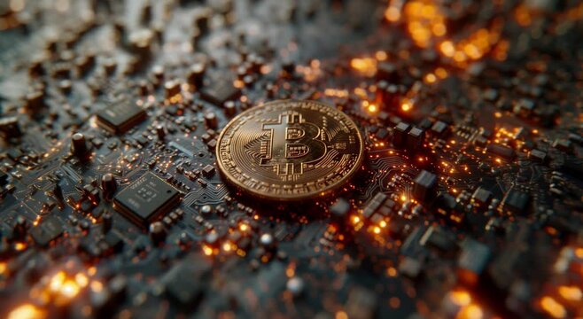 A Bitcoin coin on a computer CPU, symbolizing Bitcoin mining, cryptocurrency, and smart contracts. Animated 3D illustration