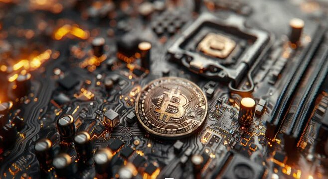 A Bitcoin coin on a computer CPU, symbolizing Bitcoin mining, cryptocurrency, and smart contracts. Animated 3D illustration