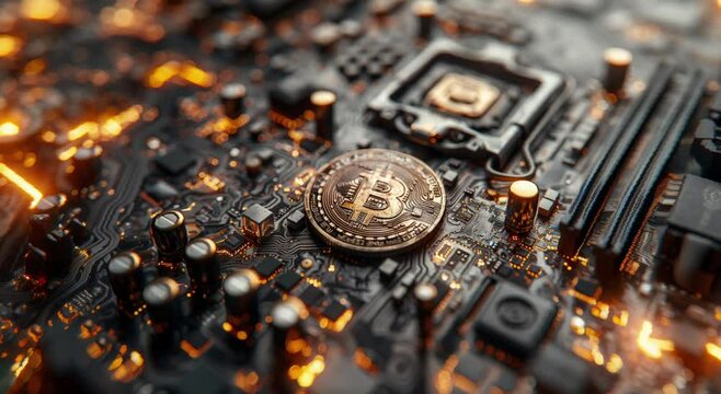 A Bitcoin coin on a computer CPU, symbolizing Bitcoin mining, cryptocurrency, and smart contracts. Animated 3D illustration