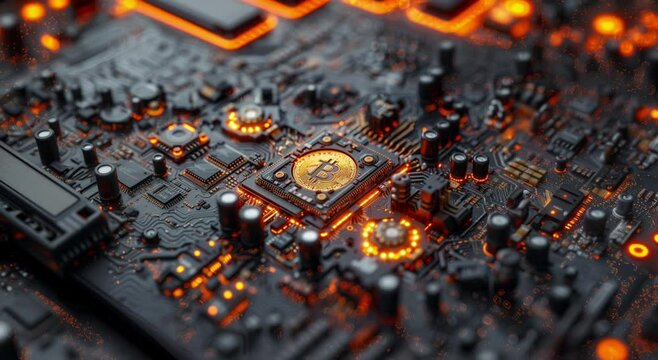 A Bitcoin coin on a computer CPU, symbolizing Bitcoin mining, cryptocurrency, and smart contracts. Animated 3D illustration