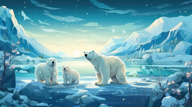 A photo whimsical and imaginative illustration depicting a family of polar bears in an enchanting snowy landscape, AI Generative