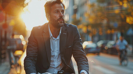 A man in a suit is riding a bicycle down a street. The sun is setting, casting a warm glow over the scene. The man is lost in thought, possibly contemplating his day or his future - Powered by Adobe