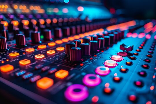 A close-up look at a high-tech professional audio mixing panel with glowing neon lights and intricate details