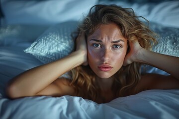 The image portrays a distressed woman on bed covering her ears, possibly due to noise or stress