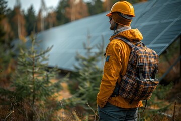 Naklejka premium Capturing the thoughtful observation of a man considering the rural expanse of solar panels amongst nature
