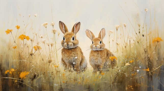 A portrait whimsical and imaginative illustration of a family of rabbits exploring a whimsical meadow, AI Generative
