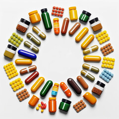 Set of pills and capsules on white background