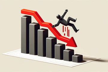 model of a man in a business suit falling from a career ladder, descending bar graph with red down arrow