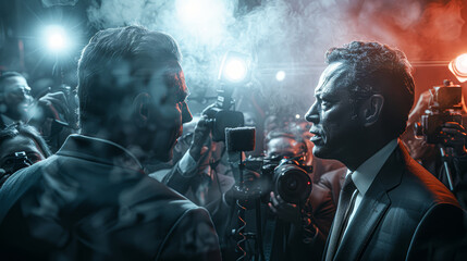 Naklejka premium Two men are standing in front of a crowd of people, one of them is wearing a tie
