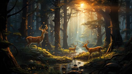 photo of illustration a family of deer wandering through a magical forest, AI Generative