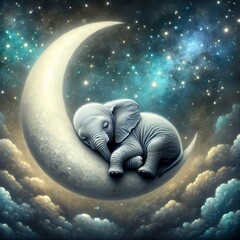 A serene baby elephant is curled up asleep on a crescent moon that floats among the stars