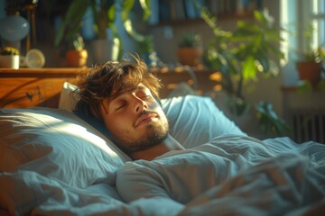 Obraz premium An intimate glimpse of a person resting peacefully in bed with soft morning sunlight filtering in