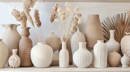 A display of ceramic vases with a minimalist design creating a sleek and sophisticated look with a neutral color palette..