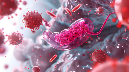 3D model of a human pancreas and thrombocytes with viral particles illustration. vector concept for medical design on a white background. 