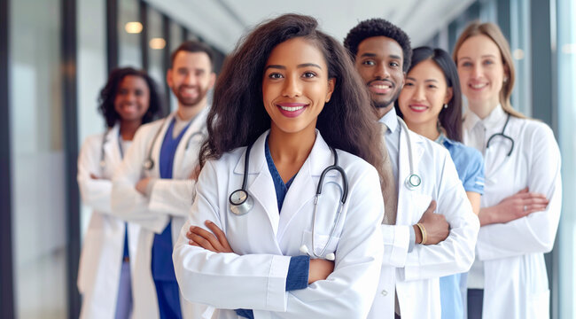 Multiracial group portrait of healthcare workers. Teamwork and colleagues. Labor Day. 
