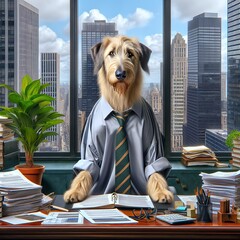 An anthropomorphized Irish Wolfhound sitting behind an office desk wearing a shirt and tie in a high-rise building