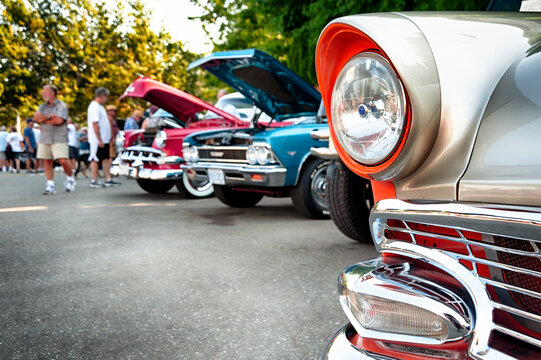 Vintage cars on display at  classic automotive exhibition. 