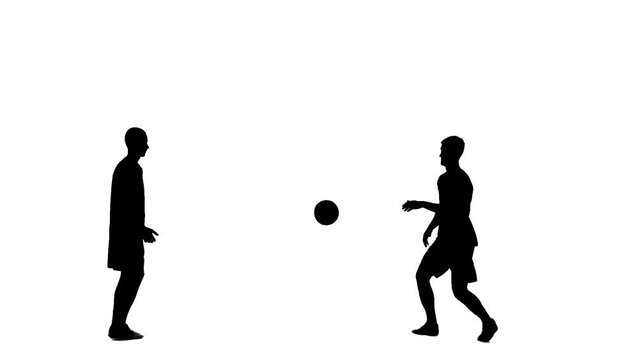 Soccer player silhouette isolated on white background with alpha channel. Male professional football players playing with ball, hitting with feet changing position.