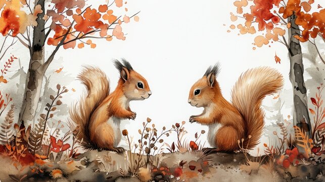 A whimsical illustration of squirrels in a forest, watercolor painting, soft pastel colors, cute and playful style, AI Generative