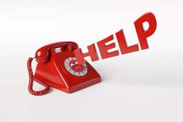 Rotary dial corded retro red landline phone with a shouting label and next to the dynamic word HELP in white background. Illustration of the concept of emergency number and assistant hotlines