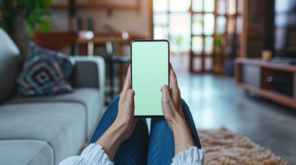 First-person view of person holding smartphone with blank screen, sitting indoors.