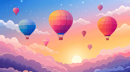Fototapeta na wymiar A colorful hot air balloon scene with a sunset in the background. The balloons are flying high in the sky, creating a sense of freedom and adventure. The warm colors of the sunset