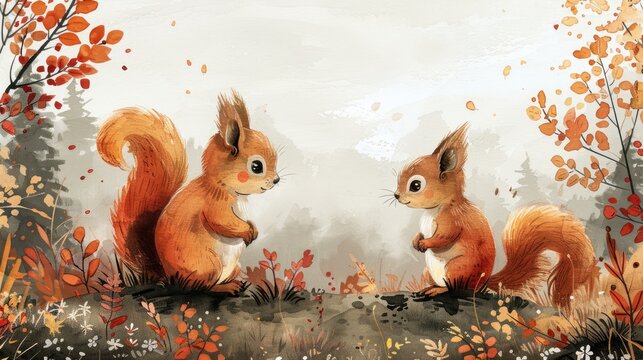 a creative illustration of squirrels in a forest, watercolor painting, soft pastel colors, cute and playful style, AI Generative