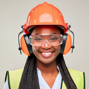 Safety PPE a smiling young black worker with safety PPE, helmet safety glasses