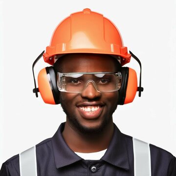 Safety PPE a smiling young black worker with safety PPE, helmet safety glasses