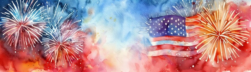 Watercolor Fireworks, Soft and blended fireworks with an American flag faintly visible in the background