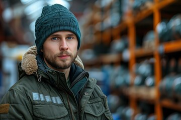 Young man with beanie in warehouse setting - 796804302